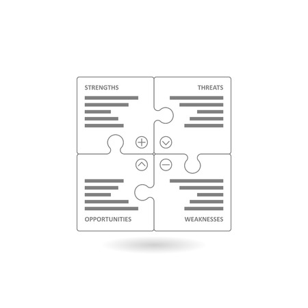 Line art puzzle pieces forming a square swot diagram. Vector graphic illustration template isolated on white background.のイラスト素材