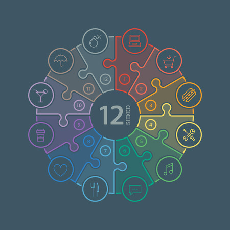 Numbered flat rainbow spectrum colored puzzle presentation infographic chart with explanatory text field isolated on dark background. Vector graphic template.のイラスト素材