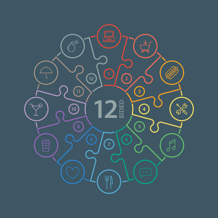 Numbered flat rainbow spectrum colored puzzle presentation infographic chart with explanatory text field isolated on dark background. Vector graphic template.のイラスト素材