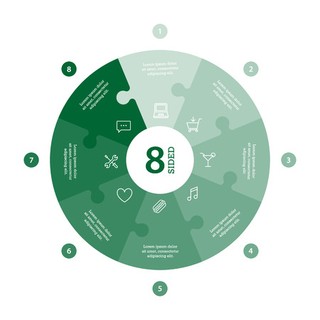 Flat monocolor puzzle presentation infographic chart. Numbered with icons and explanatory text isolated on white background. Vector graphic template.のイラスト素材