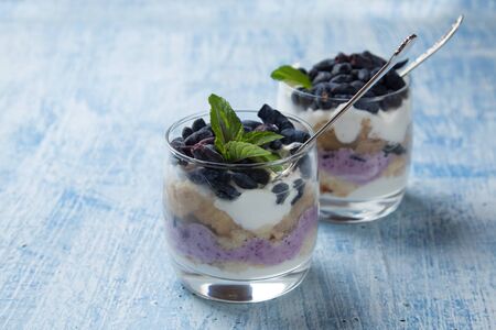 Two glasses of trifle cakes with cottage cheese cream and honeysuckle berries stand on a light blue backgroundの写真素材