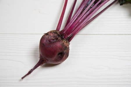 Ugly sugar beet root crop on a white wooden background. Horizontal orientation. Place for a copy spaceの写真素材