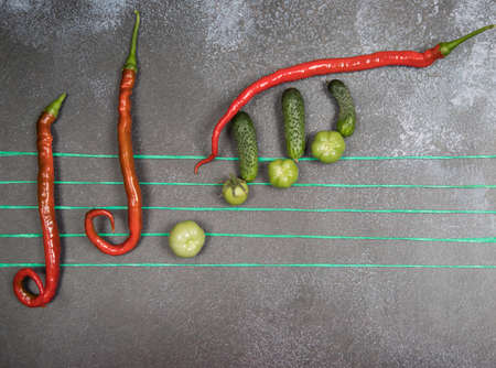 The concept of healthy eating. Still life of hot red pepper and green tomatoes in the form of sheet...