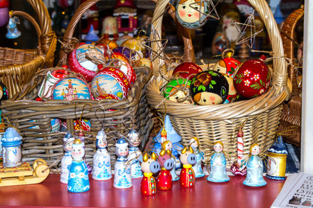 Christmas kiosk with wooden toys and gifts without logos in Moscow . Russian souvenir. Christmas decorの写真素材