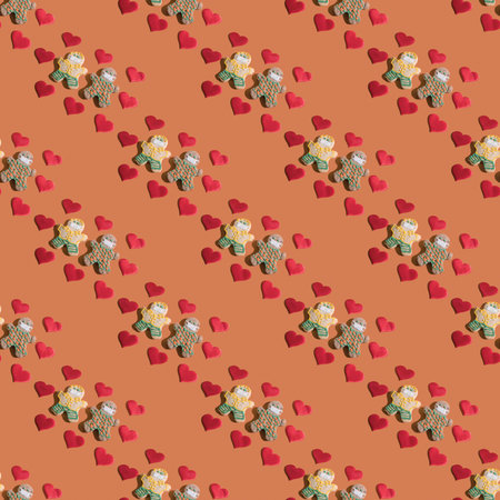 Seamless pattern of a loving couple of different races in protective masks surrounded by hearts.の写真素材