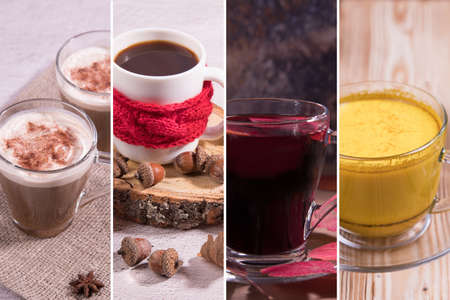 Collage with hot drinks. Masala tea, mulled wine, latte and acorn coffee.の写真素材