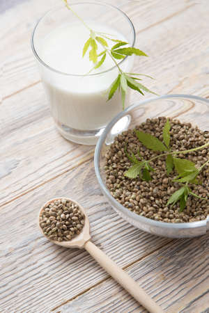 A wooden spoon with a transparent plate with hemp seeds next to a glass of hemp milk. Vegan productの写真素材