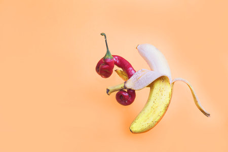 Banana on an orange paper background in an embrace with red pepper.