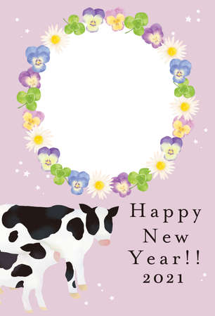 Illustration Material 2021 Year New Year's card template of the illustration of the cowの写真素材