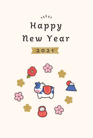 Illustration Material 2021 New Year's card material of the rose and the good luck thingの写真素材