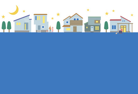 Illustration set of modern residential area at nightのイラスト素材
