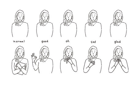 Young woman simple touch figure's emotions and pose setのイラスト素材