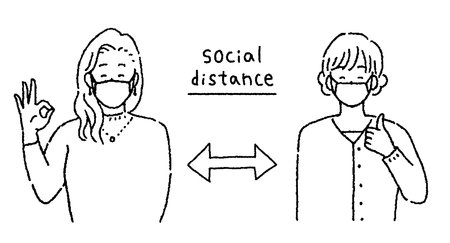 Illustration of two women in masks watching out for social distanceのイラスト素材
