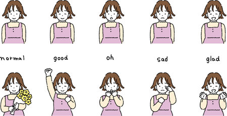 Child simple touch girl's emotions and pose setのイラスト素材