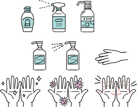 Set of disinfectant solution and cut illustrations of various hands
Titleのイラスト素材