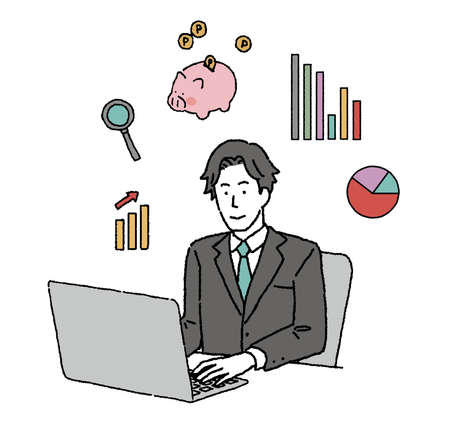 Illustration of people working on laptops and graphs and iconsのイラスト素材