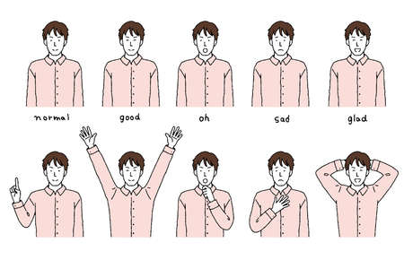 Young man simple touch figure's emotions and pose setのイラスト素材