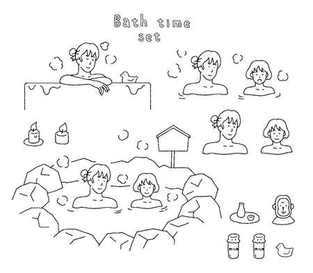 Illustration set of parents and children taking a bath on a hot spring tripのイラスト素材