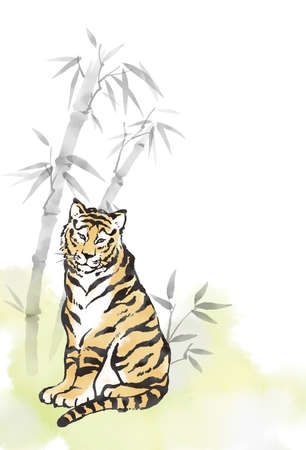 Illustration of a simple bamboo forest and tiger in ink painting styleの写真素材