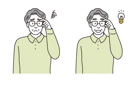 Simple touch Illustration of a senior man who has difficulty with presbyopia and a senior man who can see wellのイラスト素材