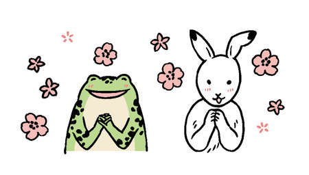 Birds, beasts, and caricatures Illustration of a rabbit and a frog delightingのイラスト素材