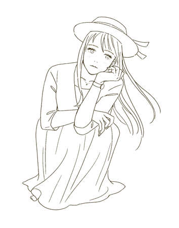 Beauty Illustration of a woman crouching with a hat onのイラスト素材
