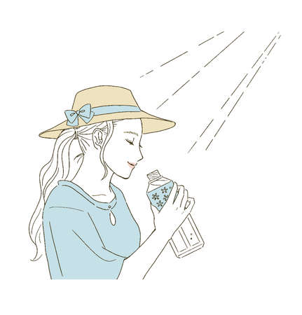 Beauty Illustration of a woman wearing a hat and drinking waterのイラスト素材
