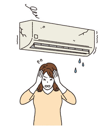 Simple touch Illustration of a woman in trouble with a broken air conditionerのイラスト素材
