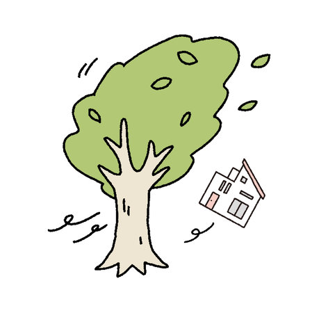 Simple touch Illustration of a tree and a house damaged by a strong wind or typhoonのイラスト素材