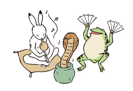 Birds, beasts, and caricatures Illustration of a rabbit playing with a frog as a snake charmerのイラスト素材