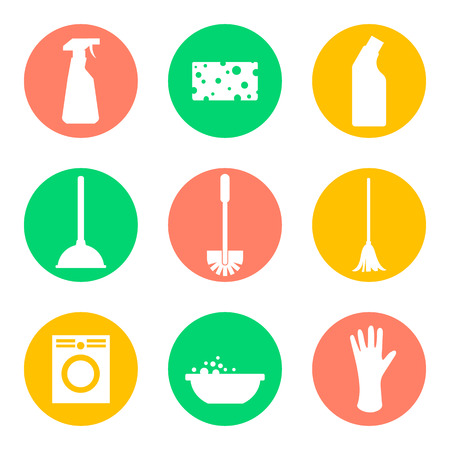 Vector cleaning products flat icons. Sponge and washing machine and mop and cleaner.のイラスト素材