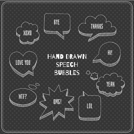 Hand drawn speech bubble set with short phrases (hi, yeah, bye, wtf, omg, love you, xoxo, thanks, lol) on polka dot texture background. EPS 10のイラスト素材