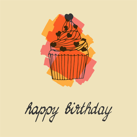 Happy birthday card with cupcake, hand drawn lettering. Vector illustration for your design.のイラスト素材