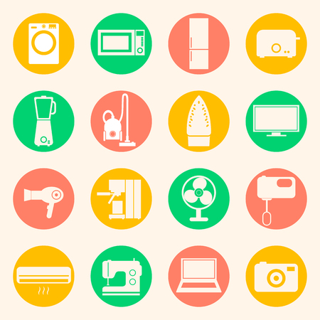 Web icons set of home appliances: washing machine and refrigerator, microwave oven and mixer, blender and toaster, coffee maker and espresso machine, iron and sewing machine. Design flat.のイラスト素材