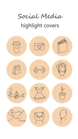 Lifestyle covers for blog or social media. Style,travel,pets,party,camera,book,shopping. Vector hand-drawn line icon.のイラスト素材