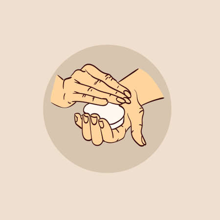 vector illustration of hands with care product in a simple hand-drawn styleのイラスト素材