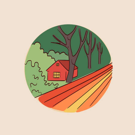 vector illustration of a house in a natural landscape in a simple hand-drawn styleのイラスト素材