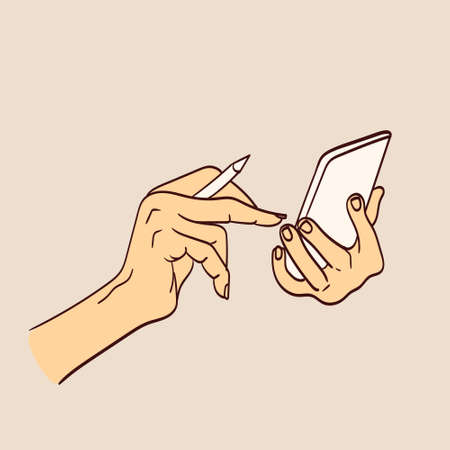 Hand holding smartphone, empty screen, phone mockupのイラスト素材