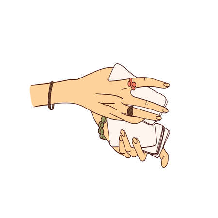 Female hand holds magic tarot cards, symbol of fortune-telling and prediction, icon for witch, astrology.のイラスト素材