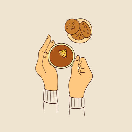 Female hands holding cups or mugs with tea. Set of hand drawn trendy vector illustrations.のイラスト素材