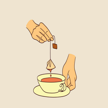 Female hands holding cups or mugs with tea. Set of hand drawn trendy vector illustrations.のイラスト素材