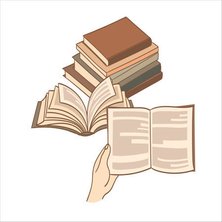 Stacks of books for reading, pile of textbooks for education, dictionaries, encyclopedias. Colored flat vector illustration hand drawn style.のイラスト素材