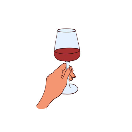 Hands holding glasses with wine. Man, woman clinking glasses with alcohol drinks. Friends persons celebrating holiday event together.のイラスト素材