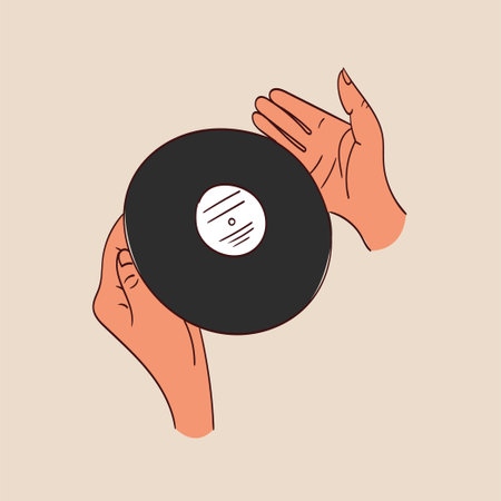 Hands holding a vinyl record. Vector illustration in hand-drawn style.のイラスト素材