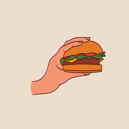Hands holding fast food, street snacks set. Arms with takeaway burger. Hand drawn style illustration.のイラスト素材