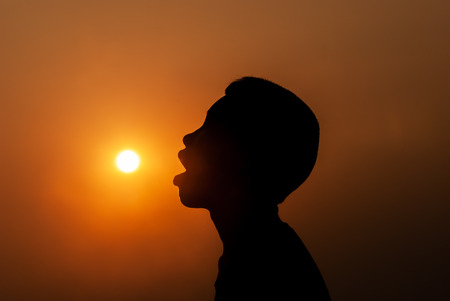 Young boy eating the sunの写真素材