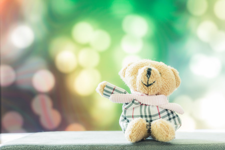 Teddy Bear toy alone in front abstract blur backgroundの写真素材