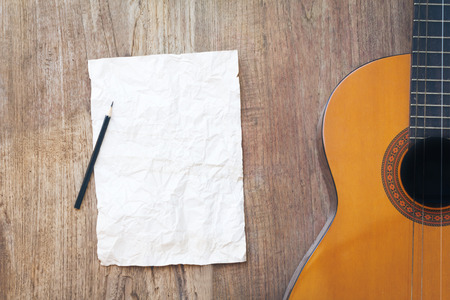 Notebook with guitar for writing music , Concept of musicの写真素材