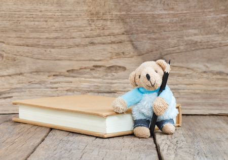 Teddy Bear toy with black color pencil on wood backgroundの写真素材