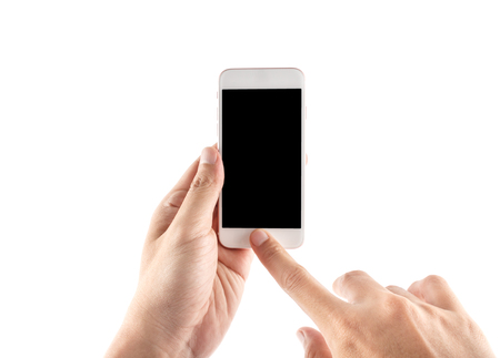 Hand holding phone isolated with clipping path insideの写真素材